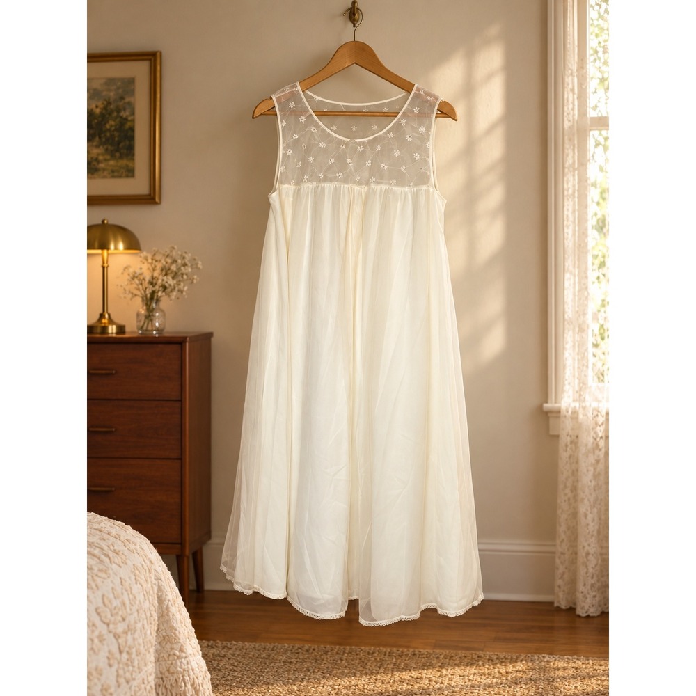 VTG 60s Claire Haddad Sheer Mesh Embroidered Chiffon Babydoll Nightgown M
